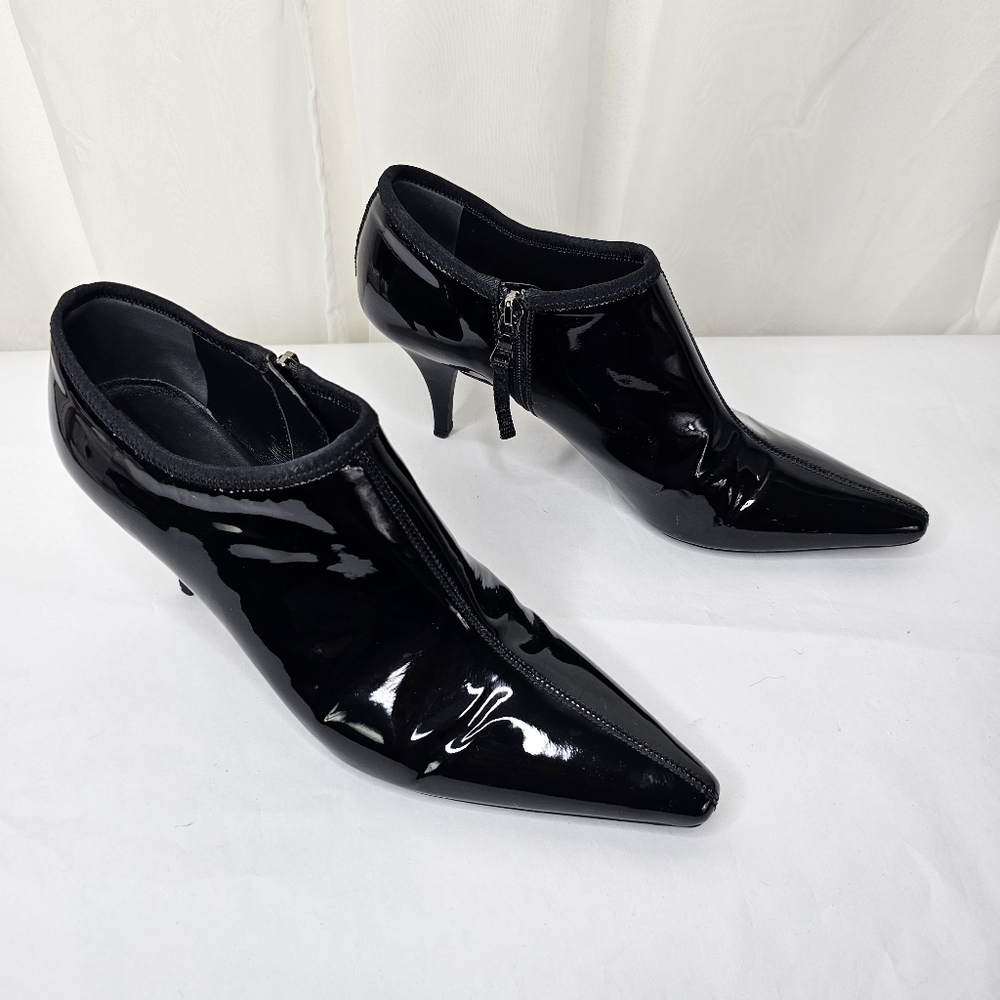 Prada Black Patent Leather Pointed Toe Ankle Heeled Boots